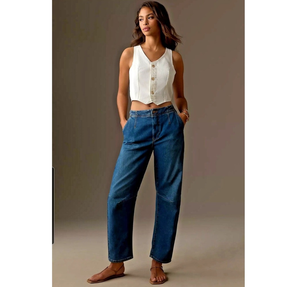 Pilcro Anthropologie Leni Curved  Barrel Jeans Medium Wash Blue 32R OB1936559